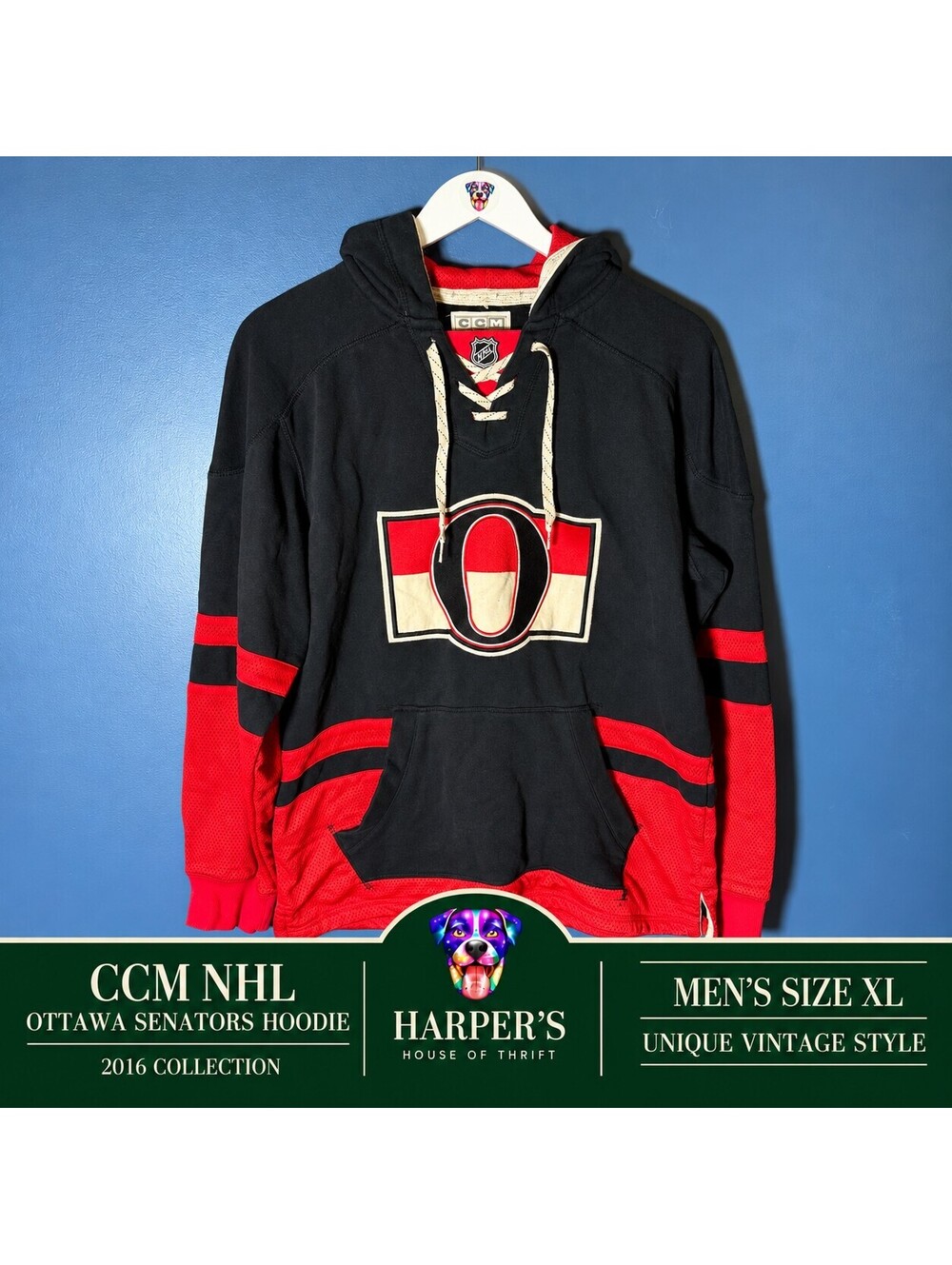 CCM Ottawa Senators Lace-Up Hockey Hoodie NHL Black Red Size M Vintage Style